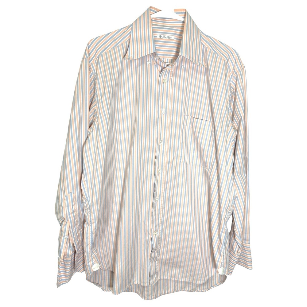 Loro Piana 16 41 Orange Blue Striped Button Down Shirt Cotton Italian Luxury - Picture 2 of 11